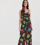 Asos Design Tall Cami Jumpsuit With Gathered Bodice In Floral Print-multi