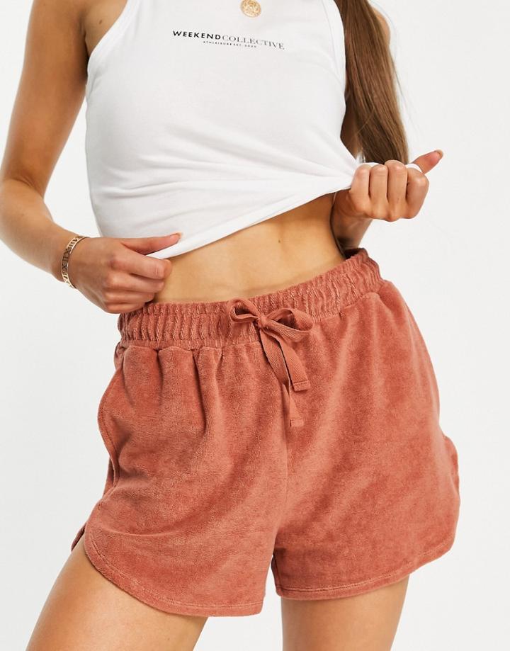 Mango Cotton Blend Terrycloth Running Short In Tan - Part Of A Set-brown