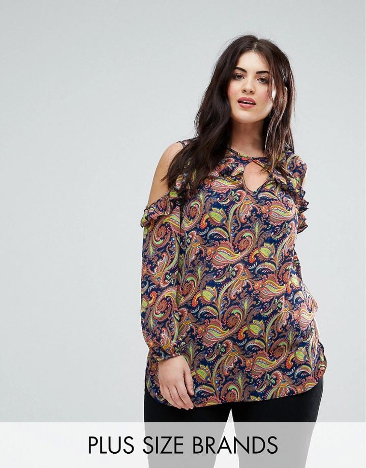 Lovedrobe Paisley Print Cold Shoulder Ruffle Blouse - Multi