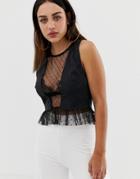 Prettylittlething Dobby Mesh Panel Crop Top In Black - Black