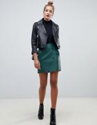 Asos Design Leather Look Mini Skirt With Scallop Edge-green