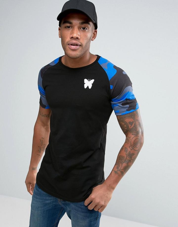 Good For Nothing Raglan Tee With Camo Sleeve Print - Black