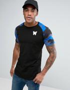 Good For Nothing Raglan Tee With Camo Sleeve Print - Black
