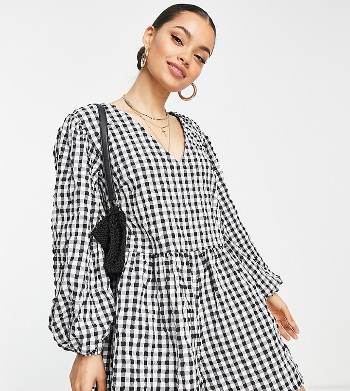 Asos Design Petite Puff Sleeve Smock Romper In Black Gingham-multi