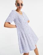 Monki Winona Mini Smock Dress With Button Through In Blue Floral Print-blues