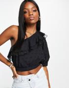 River Island Textured Asymmetric Ruffle Top In Black