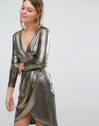 New Look Metallic Wrap Front Dress - Gold