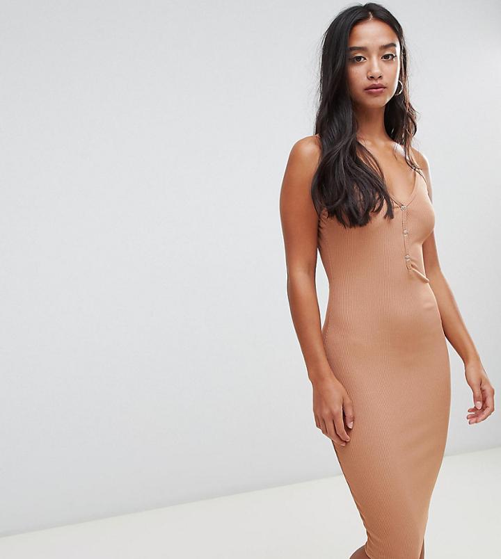 Boohoo Petite Button Through Ribbed Midi Dress - Beige