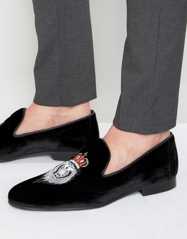 Walk London Mayfair Embroidered Lion Loafers - Black