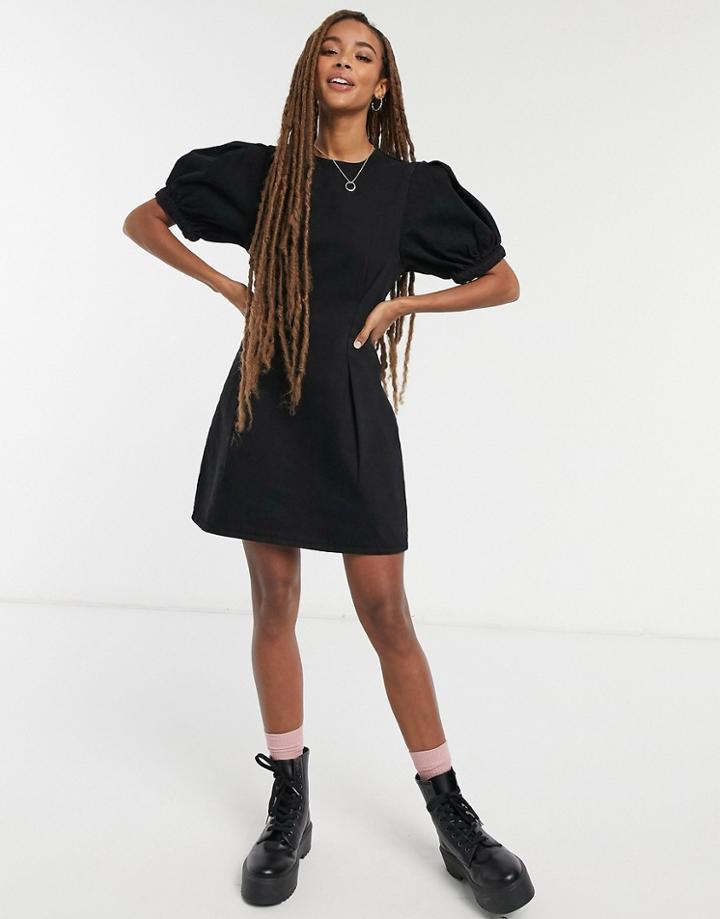 Asos Design Puff Sleeve Pintuck Dress In Black