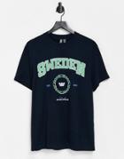 Asos Design T-shirt In Navy Organic Cotton With Collegiate Print