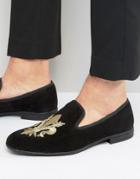 London Brogues Fleur De Lys Embroidered Slipper Loafers - Black