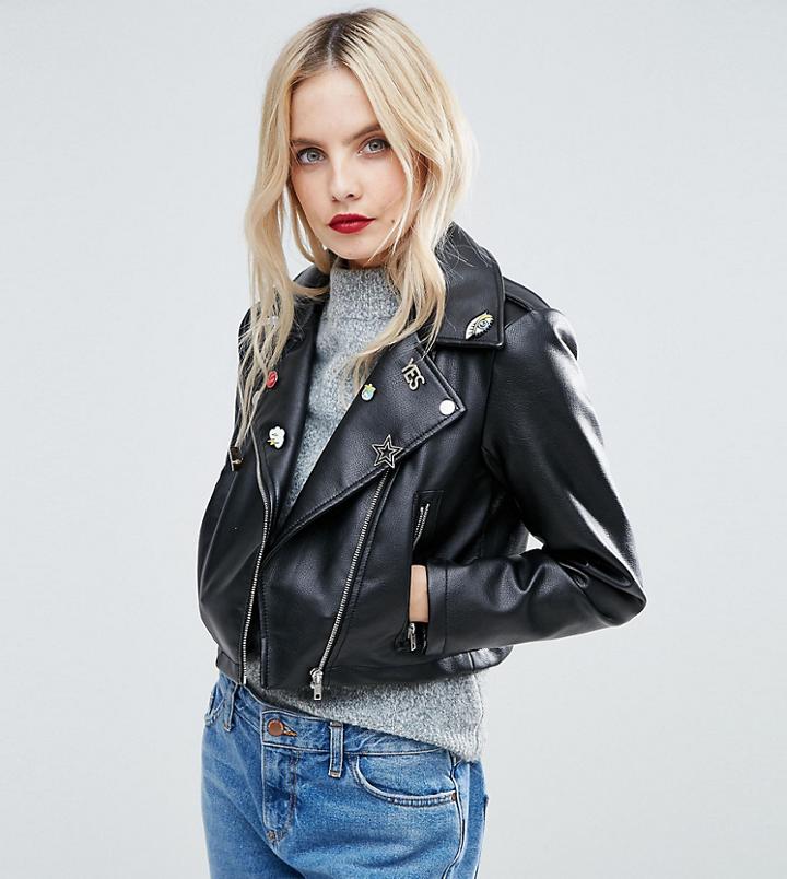Asos Petite Ultimate Leather Look Biker Jacket With Pin Badge Detail - Black