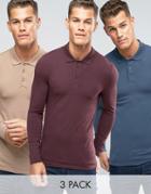 Asos 3 Pack Extreme Muscle Long Sleeve Polo - Multi