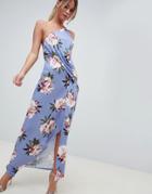 Asos Design Floral One Shoulder Slinky Drape Front Maxi Dress - Multi