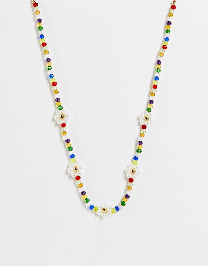 Asos Design Faceted Bead Necklace In Clear Beads And Flower Design-multi