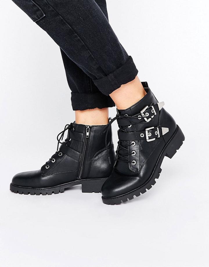 London Rebel Metal Trim Biker Boots - Black