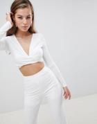 Club L Long Sleeve Wrap Twist Slinky Top - White