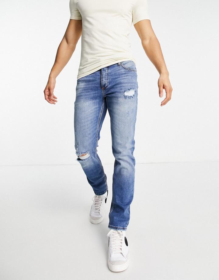 River Island Slim Jeans With Rips In Light Blue-blues