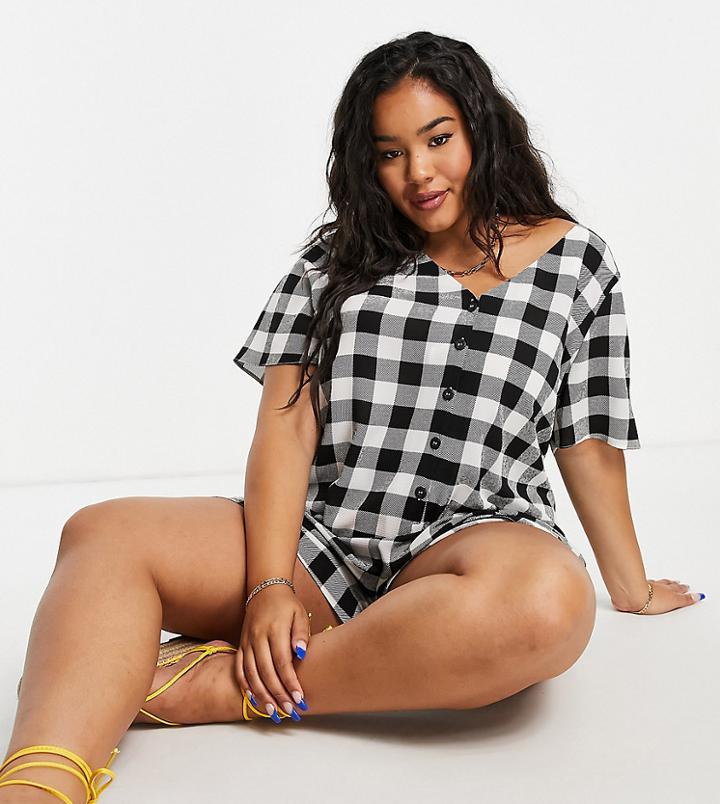 Asos Design Curve Button Through Romper In Mono Gingham-multi