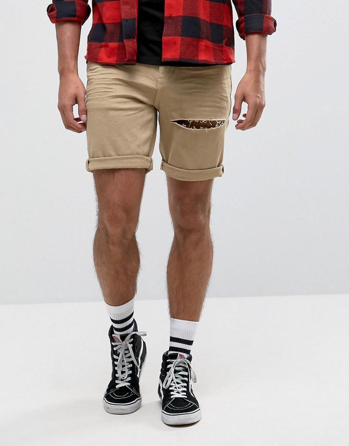 Asos Denim Shorts In Stretch Slim Stone With Thigh Rip - Stone