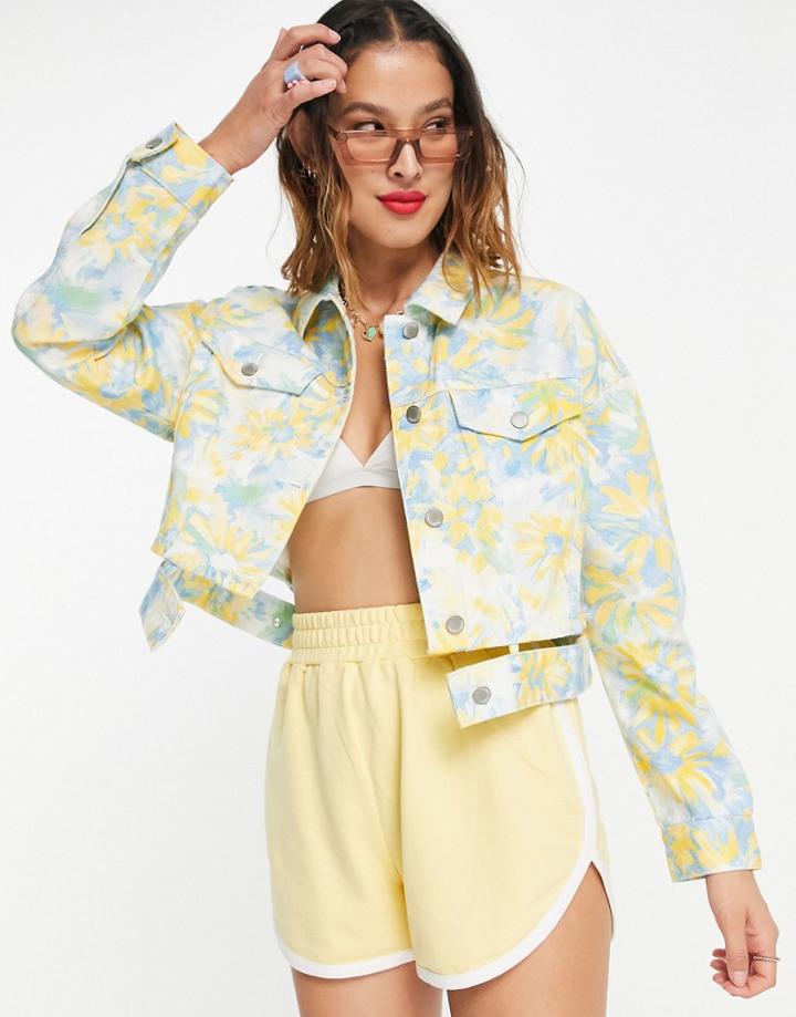 Urban Revivo Floral Print Denim Jacket With Cut Out Detail In Multi