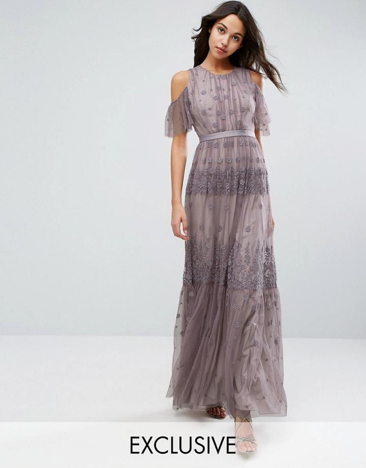 Needle & Thread Daisy Embroidery Maxi Dress With Cold Shoulder - Purpl