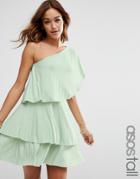 Asos Tall One Shoulder Tiered Pleated Mini Dress - Mint