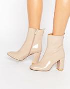 Public Desire Ramona Square Toe Heeled Ankle Boots - Nude Patent