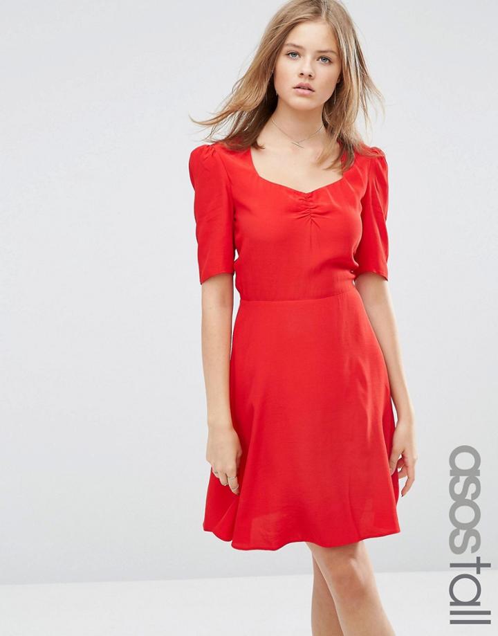 Asos Tall 3/4 Sleeve Tea Dress With Sweetheart Neck - Red