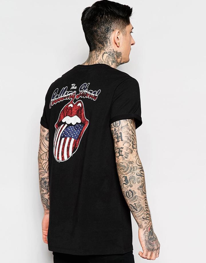 Asos Longline T-shirt With Rolling Stones In Relaxed Skater Fit With Roll Sleeve - Black