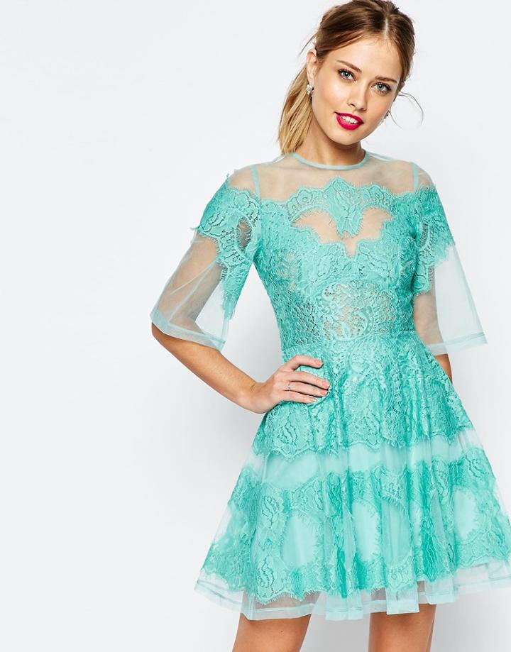 Asos Salon Lace Paneled Organza Mini Dress - Mint