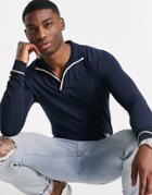 Asos Design Long Sleeve Dressy Revere Polo With Tipping Detail In Navy