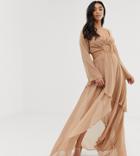 Asos Design Petite Maxi Dress With Long Sleeve And Circle Trim Detail-beige
