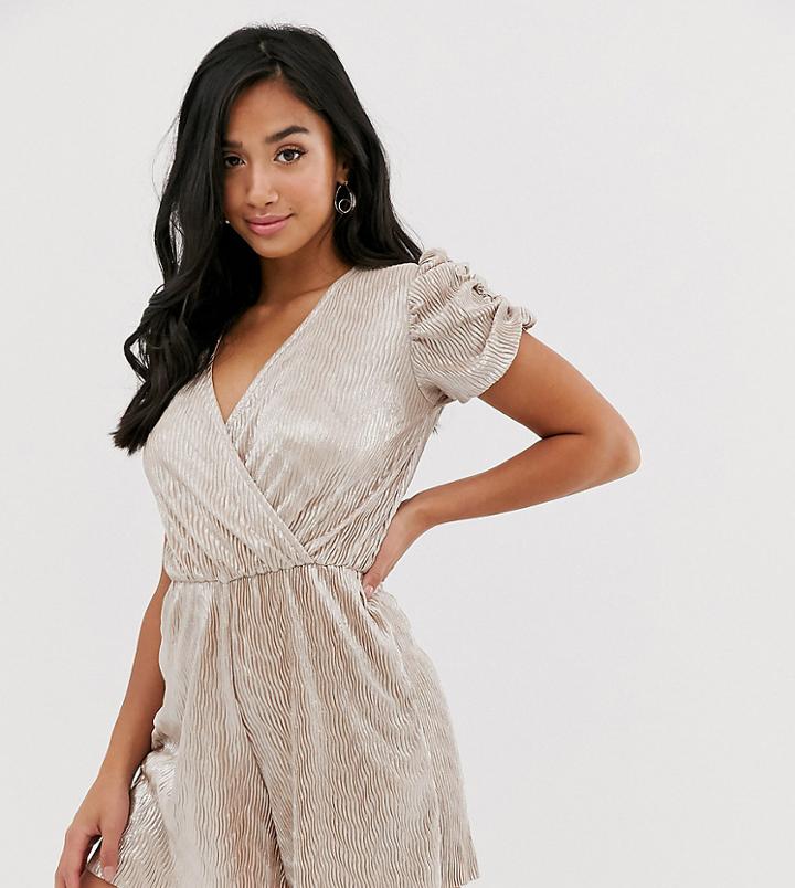 River Island Petite Plisse Romper In Metallic-pink