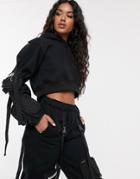 Namilia Oversized Cropped Hoodie With Utility Pockets - Black