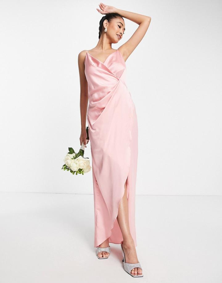 Liquorish Bridesmaid Cami Strap Satin Wrap Maxi Dress In Soft Rose Pink