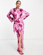 Asos Design Long Sleeve Satin Knot Tie Waist Detail Maxi Dress In Purple Swirl Print-multi
