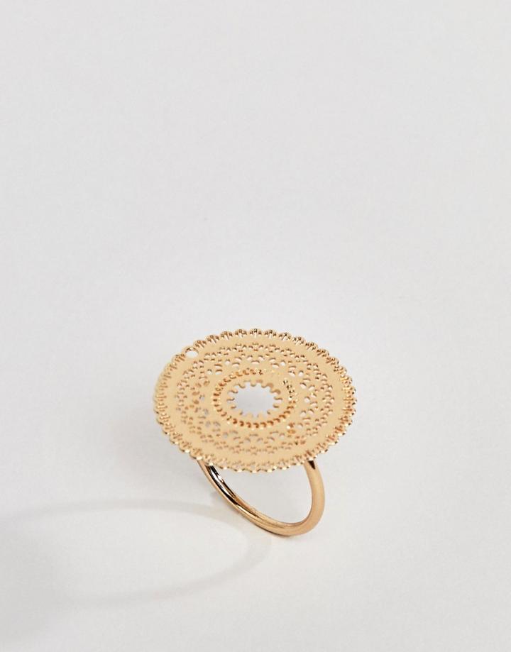 Asos Design Ring With Circle Filigree Design In Gold - Gold
