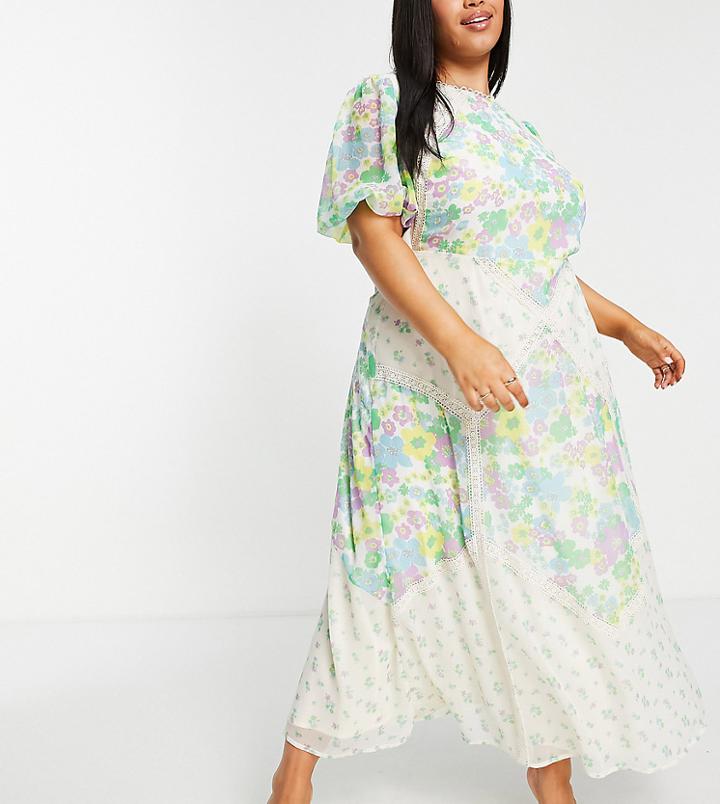 Asos Design Curve Lace Insert Cutout Tea Maxi Dress In Mixed Print-multi