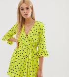 John Zack Tall Wrap Front Mini Skater Dress In Neon Yellow Polka Dot-orange