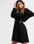 Asos Design Smock Dress With Drawstring Waist-black