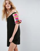 Asos Off Shoulder Sundress With Embroidery Sleeves & Pom Poms - Black