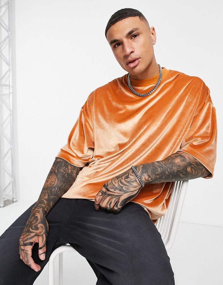 Asos Design Oversized T-shirt In Orange Velour-brown