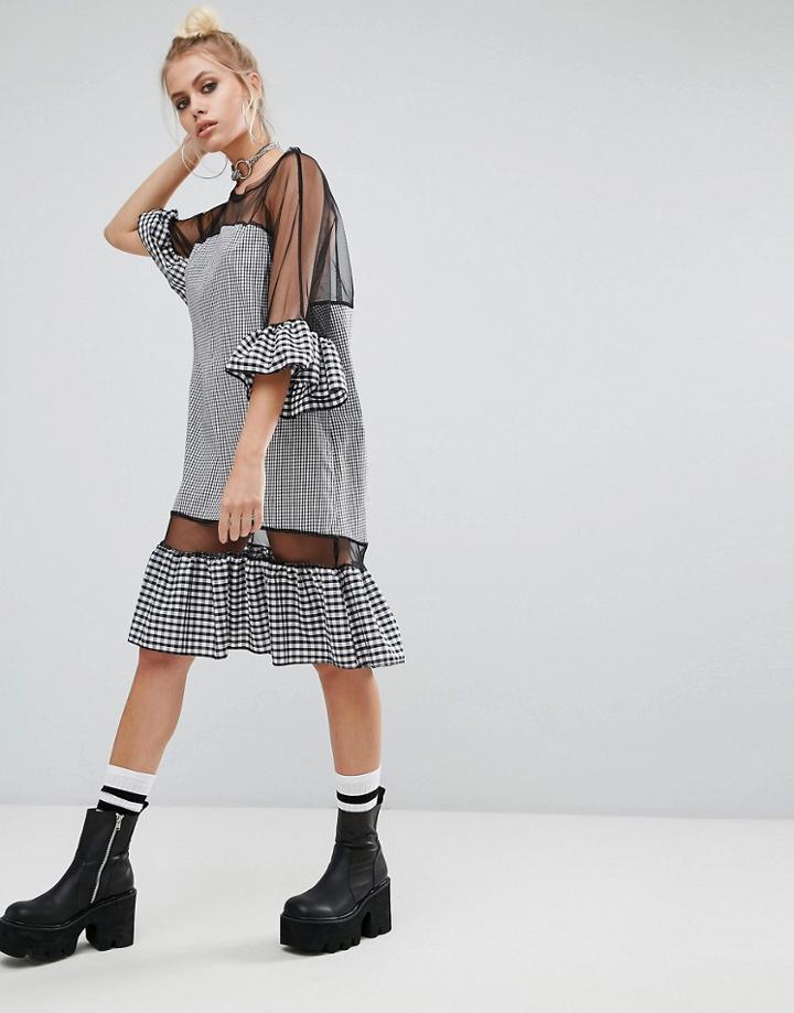 The Ragged Priest Oversized Mesh Dress With Gingham Trims - Black