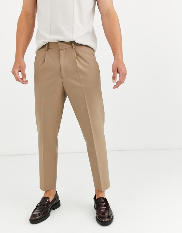 Asos Design Heavyweight Tapered Crop Smart Pants With Pleats In Stone