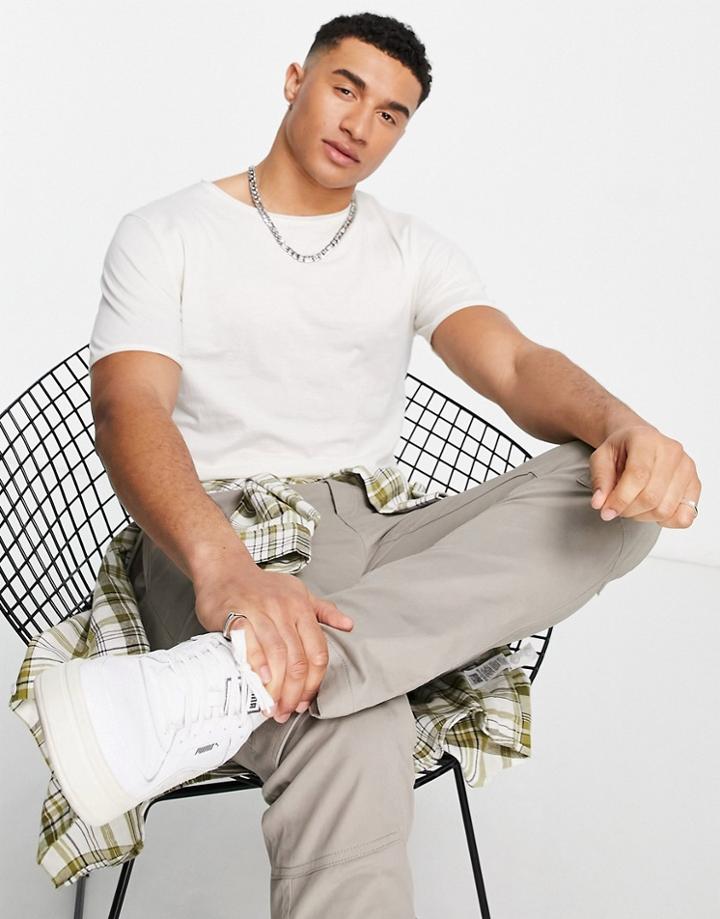Selected Homme Organic Cotton Blend Slim Fit T-shirt With Raw Edge In Ecru-neutral