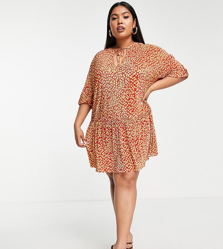 Asos Design Curve Plisse Mini Smock Dress With V Neck In Red Floral Print