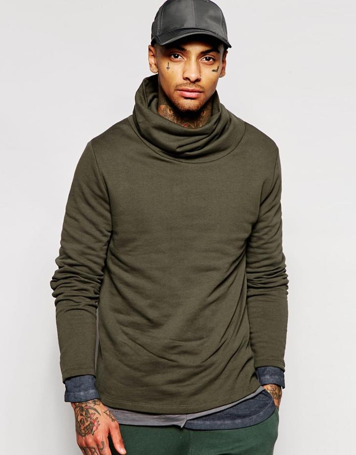 Asos Funnel Neck Sweatshirt In Khaki - Khaki