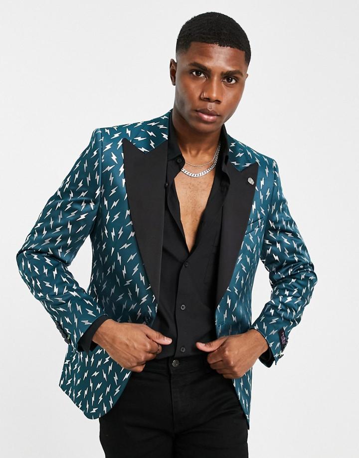 Twisted Tailor Suit Jacket In Green With Silver Foil Lightning Bolt Print
